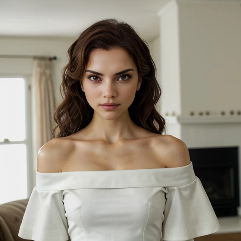 pov_interaction, AmberRRchz, white_off-shoulder_t-shirt, (high_detail intricate lifelike), eyes, hair_down, livingroom