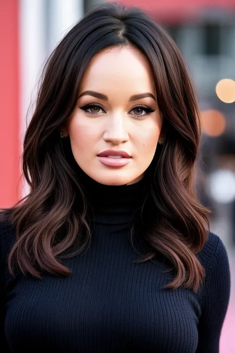 a photo of k1ttyl34, a woman (wearing a turtleneck jumper), on a premiere movie event, standing on the red carpet, (focus on face:1.2), (masterpiece:1.2), (photorealistic:1.2), (bokeh), (best quality), (detailed skin:1.2), (intricate details), (8k), (HDR), (cinematic lighting), (sharp focus), (close-up:1.4)