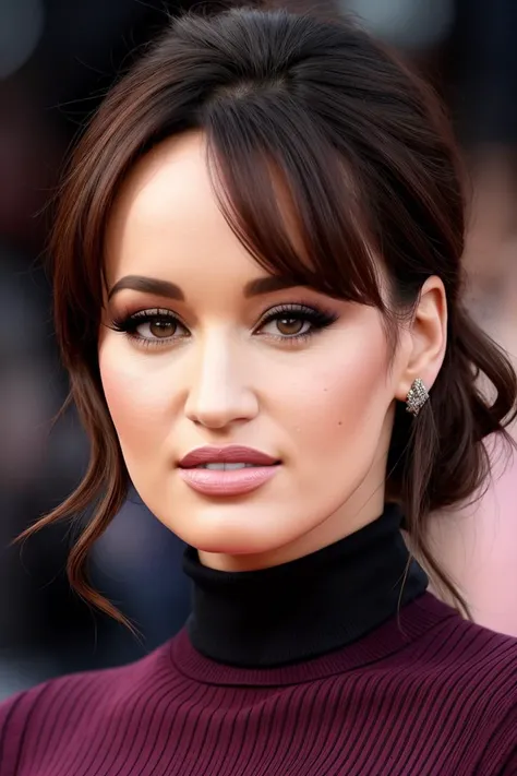 a photo of k1ttyl34, a woman (wearing a turtleneck jumper), on a premiere movie event, standing on the red carpet, (focus on face:1.2), (masterpiece:1.2), (photorealistic:1.2), (bokeh), (best quality), (detailed skin:1.2), (intricate details), (8k), (HDR), (cinematic lighting), (sharp focus), (close-up:1.4)