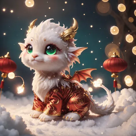a cute small green and wooden dragon, sitting on a cloud BREAK
orange eyes BREAK
intricate scale, dynamic pose, snow, china new year festive atmosphere, (small red flashlights in the chinese style:1.3), fluffy clouds covered ground, bokeh, counter light, <lora:ral-smoldragons-sd15:0.7>,