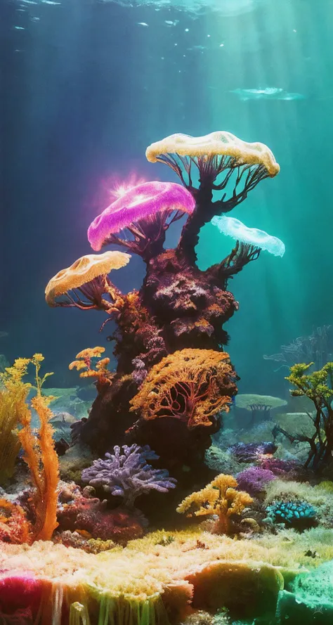 (bioluminescence:1.2) underwater forest, panorama, (jellyfish:0.6), liquid, luminating seaweed, (cyberpunk:0.4), (film grain:1.4), (psychedelic:1.15), (WARM COLORS:1.2), (rim light:0.8)