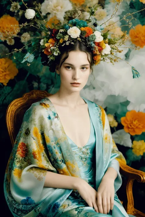 a woman sitting in a chair with a flower in her hair, style of paolo roversi, kaleidoscopic colors, model, wearing a luxurious silk cloak, by sam weber, face obscured, photographic print, ghost of a young girl, photo still, patterned clothing