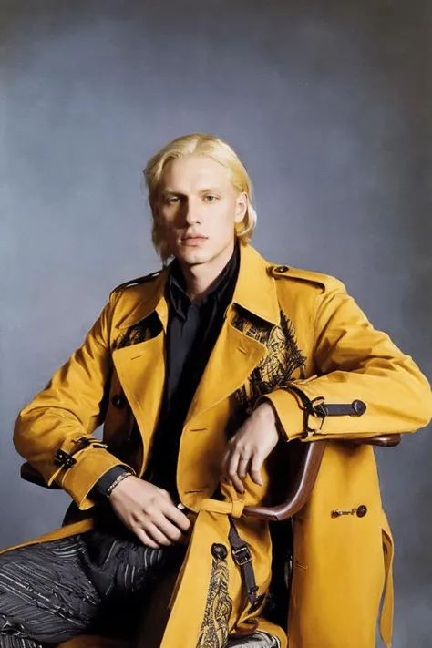 a painting of a man sitting in a chair, as fashion editorial 90s, medium yellow blond hair, style of stanley donwood, photographic style of avedon, inspired by Csaba Markus, photo of, colour print, trench coat and suit