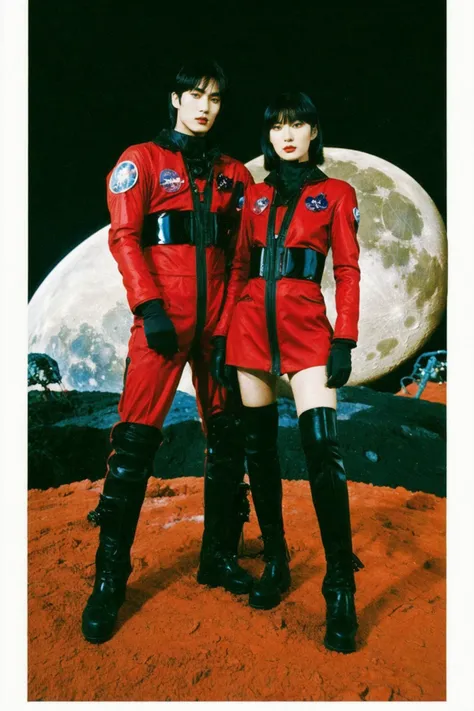 psychedelic, a couple of astronauts, love story, on moon, red and black, mugler, transgressive art, scan, polished, sharp, vibrant colors, psychedelic lsd manga, bioluminescense,