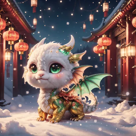 a cute small green and wooden dragon, sitting on a cloud BREAK
orange eyes BREAK
intricate scale, dynamic pose, snow, china new year festive atmosphere, (small red flashlights in the chinese style:1.3), fluffy clouds covered ground, bokeh, counter light, <lora:ral-smoldragons-sd15:0.7>,