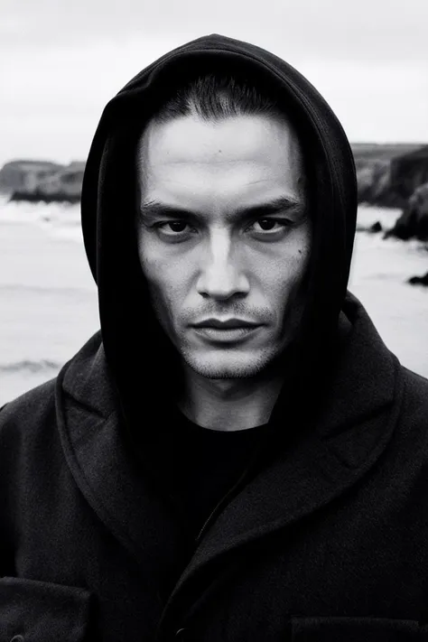 b&w photo of 42 y.o man in black clothes, bald, face, half body, body, high detailed skin, skin pores, coastline, overcast weather, wind, waves, 8k uhd, dslr, soft lighting, high quality, film grain, Fujifilm XT3