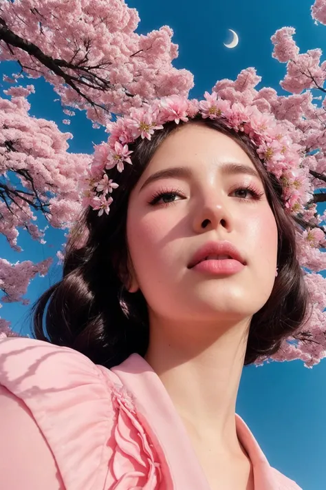 close up, a tree filled with lots of pink flowers, crescent moon in sky, (aesthetics), photo, kawai, dichromatism, inspired by James Paick, midafternoon, greg crewdson, by petra collins, spring vibes, cherry blossoms, harmony of swirly clouds