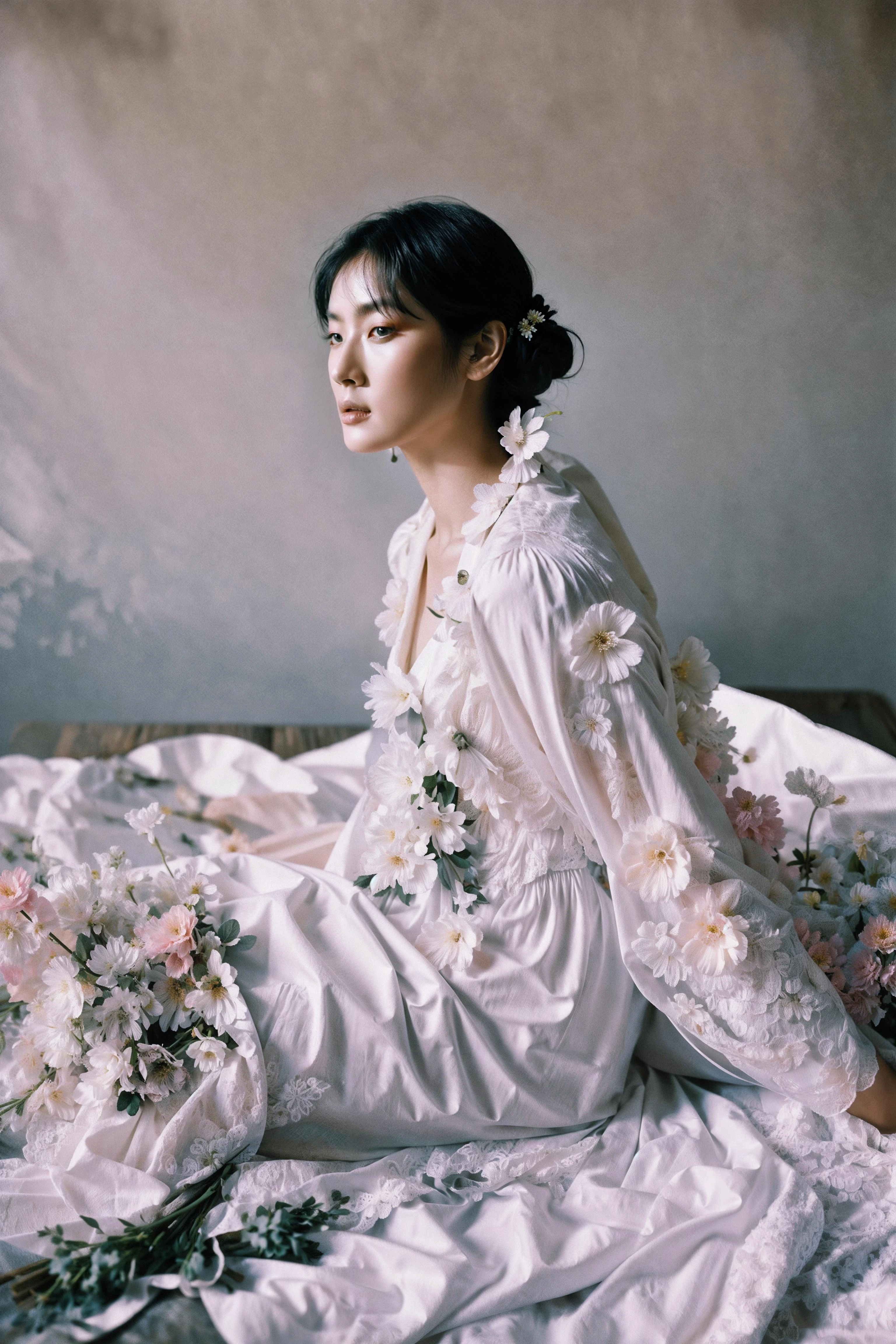 like a painting
fashion editorial, a woman in sheets, (flowers:1.2)
soft dim light, faded, dark shot, film grain
(intricate details, hyperdetailed), lightroom, (muted colors, dim colors, soothing tones), low saturation