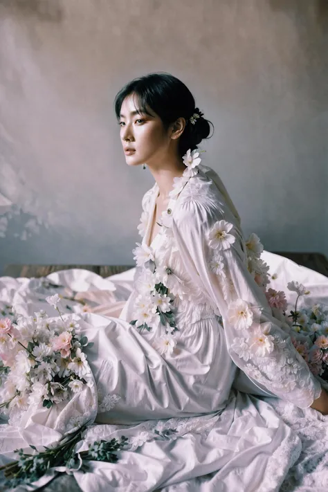 like a painting
fashion editorial, a woman in sheets, (flowers:1.2)
soft dim light, faded, dark shot, film grain
(intricate details, hyperdetailed), lightroom, (muted colors, dim colors, soothing tones), low saturation