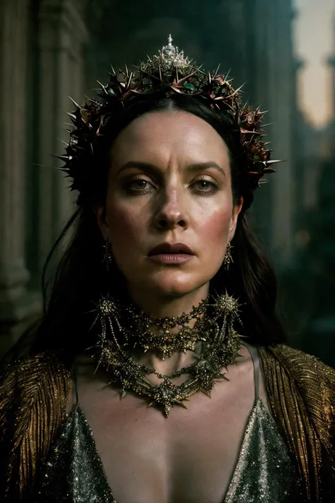 (art by Heather Theurer:0.9) , photograph, city and cityscape, majestic, Grotesque Irish (Woman:1.1) , inside a [Senseless|Serene] The Crown of Thorns, deep focus,  still, Horror, Bardcore, film grain, Sony A7, macro lens, blended visuals, glittering,  <lora:add_detail:1> <lora:epiCRealismHelper:1>