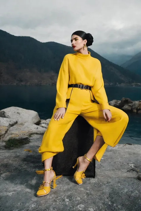 a woman, grey and yellow, fashion editorial
