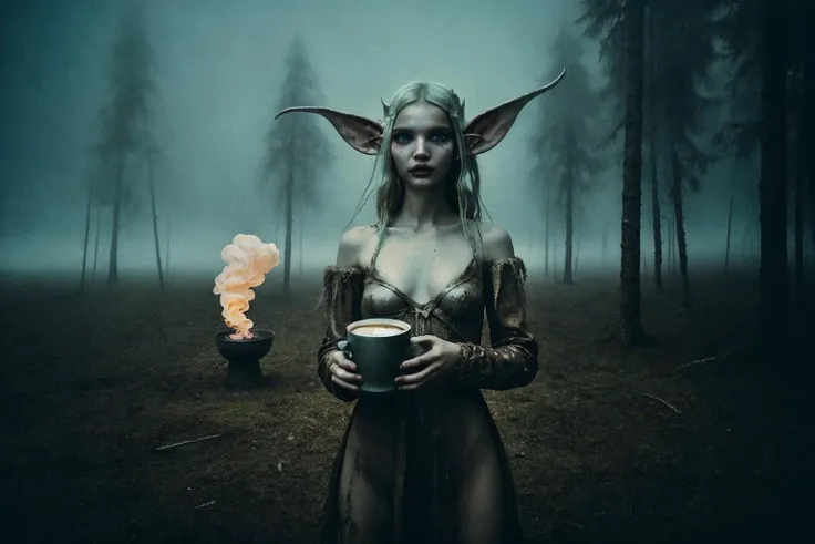 [[in the center of nowhere emerging from the smoked fog on the muddy fluid ground haunted empty place], [wide angle captured on gopro corrupted film still by alessio albi Brooke Shaden], [drowning suround by etherial volumetric lighted neon fog]], (closeup selfie photo of bael elf girl sasha luss standing next to giant cup of coffee, aesthetic of analog photography, sadistic smile)