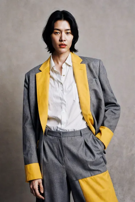 a woman
grey and yellow, fashion editorial