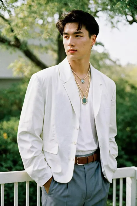 man, 90's, retro, sunny daylight, natural light, white jacket, jewelry, rich house setting, (oldmoney aesthetic:1.1), fashion editorial, film grain, cinematic shot, 1990s magazine,
80mm f/11 on kodak ektachrome e100, soft focus, film grain, muted colors,
