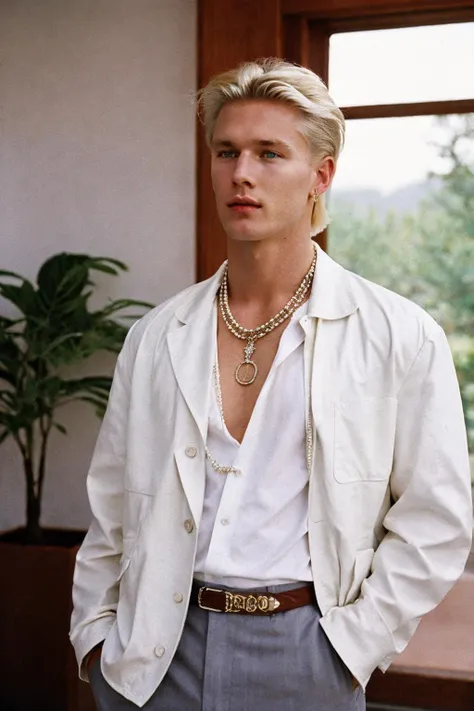 man, blond, 90's, retro, sunny daylight, natural light, white jacket, jewelry, rich house setting, (oldmoney aesthetic:1.1), fashion editorial, film grain, cinematic shot, 1990s magazine
80mm f/11 on kodak ektachrome e100, soft focus, film grain, muted colors