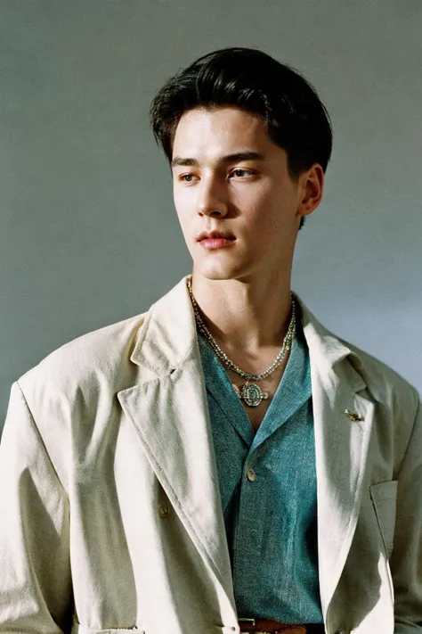 1boy, 90's, retro, sunny daylight, natural light, jewelry, rich house setting, (oldmoney aesthetic:1.1), fashion editorial, film grain, cinematic shot, 1990s magazine, jacket,
80mm f/11 on kodak ektachrome e100, soft focus, film grain, muted colors,