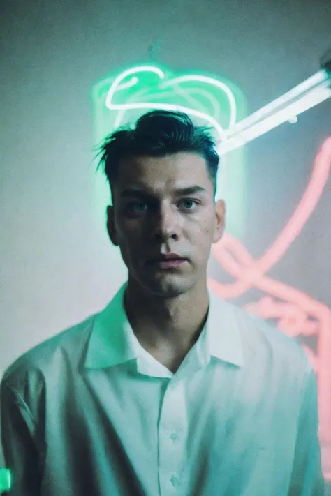 long exposure portrait, blurry, neon light, out of focus