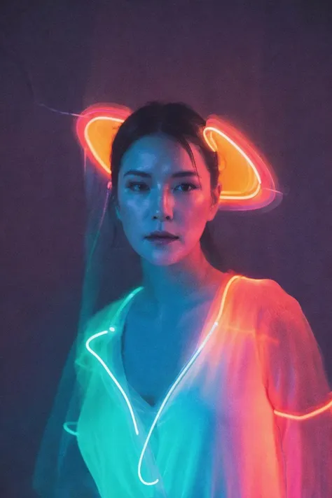 a blurry image of a woman, ((long exposure)), (neon light), out of focus, cinematrography, necromorph, aura
cinematic volumetric lights, bioluminiscent, spiraling, portrait of an ai, connected