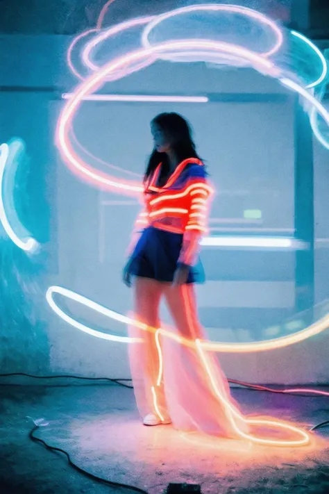 a (blurry:1.3) face of a woman, ((long exposure, time lapse)), (neon light), out of focus, cinematrography, necromorph, aura, bioluminiscent, blue, flowing forms
