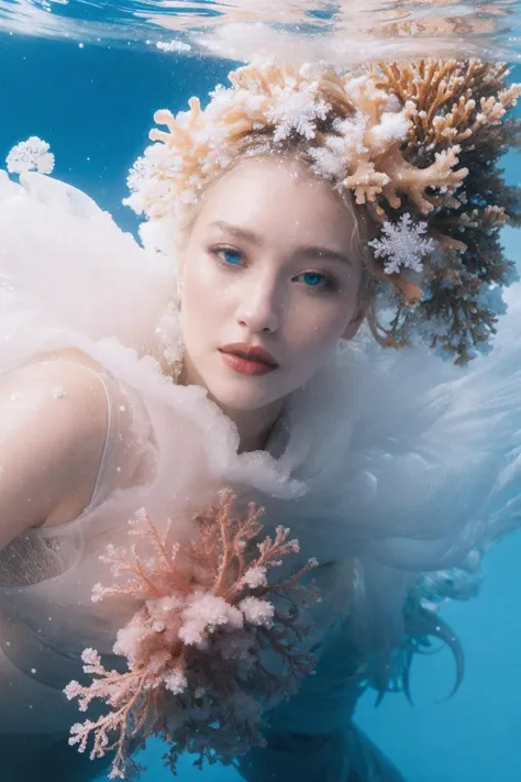 a woman, snow covered ground, under the water, nick knight, covered in coral and barnacles, fashion, crystalline translucent, swirly, crown, sea anemone, [white:blond] hair