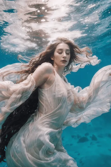 woman, (under the water), swirls, faded, underwater soft colours, charli bowater and artgeem, (flowing fabric), fancy, long hair, charli bowater, scattered light, eyes closed, dreamy and ethereal and dark, across an empty, promotional picture, nymphaea, lightroom