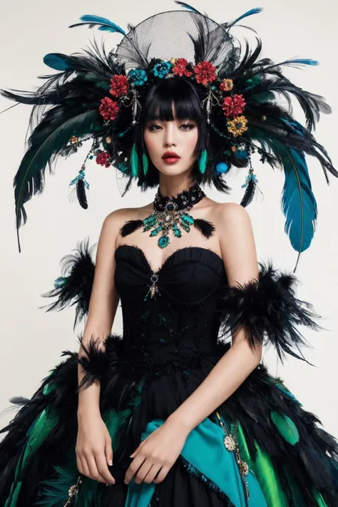 a woman in a blue dress with black hair, in style of tim walker, intricately detailed clothing, toyism, feather-adorned, green and black color scheme, black and red colour palette, textiles, fashion