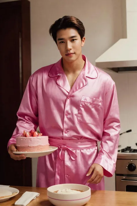 a man in a pink shirt holding a bowl of food, baking a cake, photo documetalism, sensual color scheme, wearing a baggy pajamas, y2k, flirty