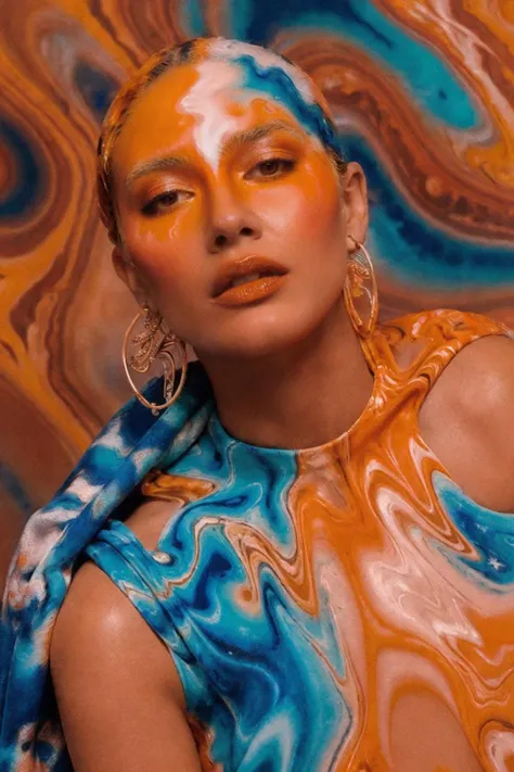 woman, (Jupiter textile print:1.2), fashion, melting, glassmaze, optical illusion,( simple background:1.2), marbled swirls, orange tone, dune, fluid, neon light