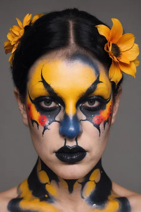 close up, a woman holding a bunch of yellow flowers, black metal face paint, by David Wojnarowicz, religious, blue and red color palette, androgynous male, corpse, nun, rotting flesh, bodypainting