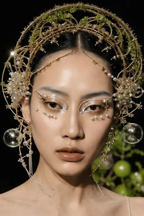 a woman with a hair comb on her head, futuristic lenses, junya watanabe, connected to nature through vines, di atoms, winged eyelashes, translucent orbs, epic, by Kim Tschang Yeul, tech