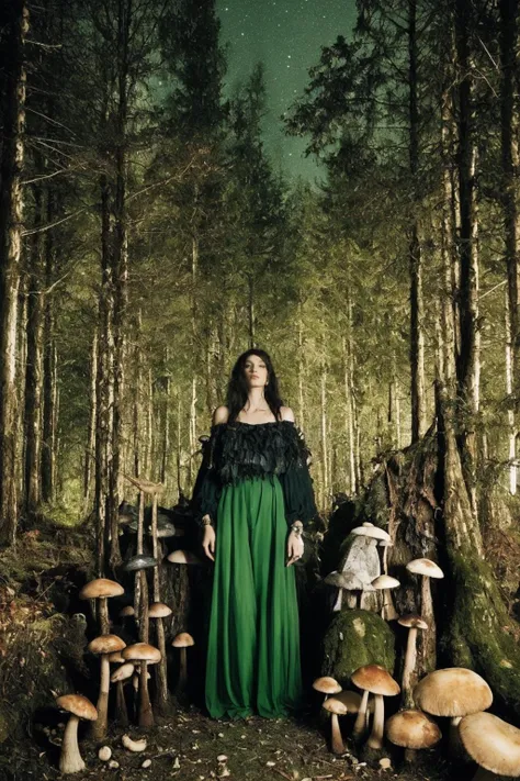 a woman standing next to a dresser with mushrooms on it, (flashlight, at night:1.1), vman magazine, haunted forest, vogue italia, containing tables and walls, dirty green clothes, dark dull colors, dark garments, infected mushroom, by Jeanna bauck, photo