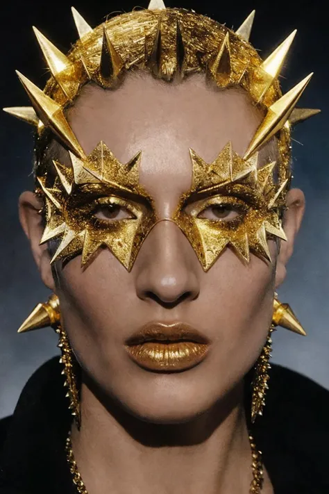 a close up of a person wearing a spiked mask, thierry mugler, shards of mercury, inspired by Vladimir Tatlin, fashionable rpg clothing, mid-transformation, golden earring