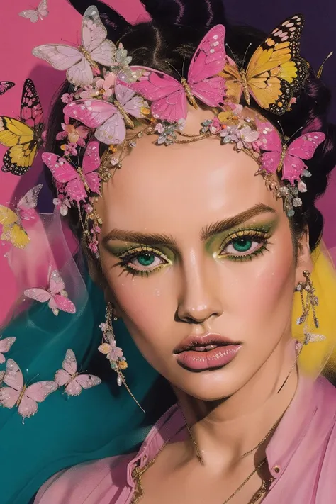 <lora:arakisyle:0.7>
scan, hirohiko araki artwork
a drawing of a woman with buns on her head, style of stone ocean cover art, pink and green colour palette, full makeup, yellow butterflies, uwu hi-fructose, cgsocciety art
french new wave, style of moebius, the jewelpunk aesthetic, paper-cut craft, ultra detailed, rich colors, trending on artstation, intricate details, (pascal campion:0.38), vivid colors, (painting art:0.06), [eclectic:clear:16], detailed