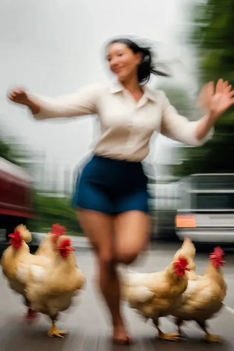 (((motion-blur, blurry soft-focus))), woman with a chicken, â¤âð¥, dynamic pose