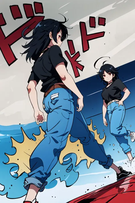 (masterpiece, best quality), intricate details,
<lora:TokaTaka:0.8>, long hair, black hair, red eyes, cowlick, black t-shirt, denim, jeans,
<lora:ApproachingMe:0.8> ApproachingMe, 2girls,