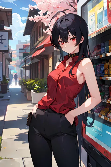 takanashi toka, highres, highest quallity, illustration,  ultra detailed, (detailed face), (detailed eyes), soft lighting, best quality, hyper detailed, masterpiece, 1girl, solo, long hair, black hair, red eyes, cowlick, collar, red shirt, collared shirt, sleeveless, black pants, luminous eyes, medium breasts, (colorful), looking at viewer, street, buildings, city, alleyway, cherry blossom tree, vending machine, clouds, sky, hands in pocket
 <lora:Toka:0.8>