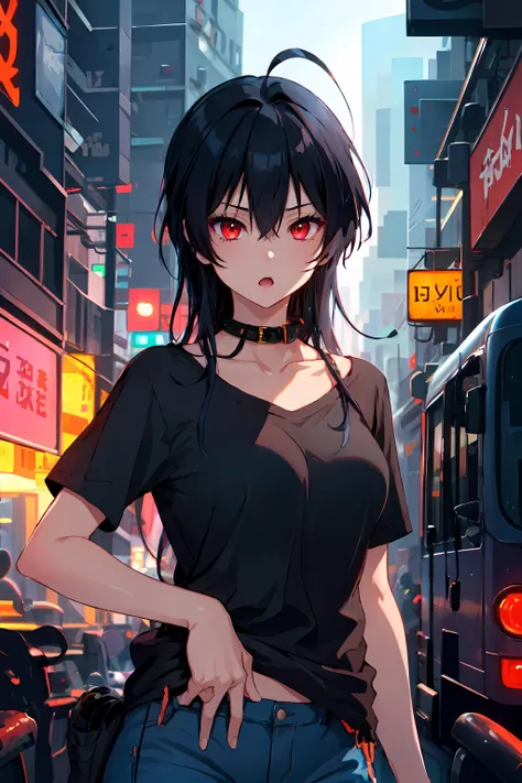 takanashi toka, highres, highest quallity, illustration,  ultra detailed, (detailed face), (detailed eyes), soft lighting, best quality, hyper detailed, masterpiece, 1girl, solo, long hair, black hair, red eyes, cowlick, collar, black t-shirt, denim, jeans, luminous eyes, medium breasts, (colorful), upper body, cyberpunk, city, neon signs, :o
 <lora:Toka:0.9>