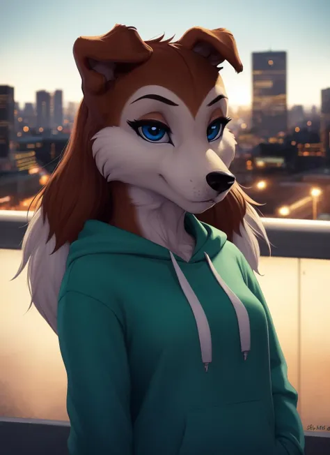 colleen, furry female anthro, dog girl, portrait, close-up, long hair, (hoodie:1.2), fur trim, solo, (body fur:1.2), (best quality), (detailed urban background:1.2), dramatic lighting, (detailed fluffy fur:1.1), looking at viewer, medium breasts, <lora:colleen-v1:1>