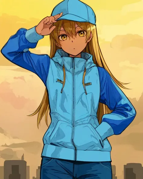 masterpiece, high quality, (high resolution:1.21), (detailed illustration), (2d), detailed background, diffused lighting, (upper body shot), <lora:Harusameriburo style v1:0.6>, <lora:tgsThegoldensmurf_tgsThegoldensmurf:0.35>, <lora:alexisRhodesYugioh_alexisRhodes:0.5>, tenjouin asuka, 1girl, straight blonde hair, amber eyes, medium breasts, wide hips, baseball cap, [tank top], (long sleeve blue and white sports windbreaker), hands in jacket pockets, daisy dukes, city park, afternoon, golden hour, diffused lighting, subsurface scattering pores, cool pose, s-curve pose