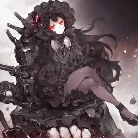 score_9,score_8_up,score_7_up,source_anime,1girl,looking at viewer,
asiion,night,dark theme,sitting,crossed legs,smile,
pale skin,black hair,long hair,red eyes,glowing eyes,horns,bonnet,black bow,
black dress,black pantyhose,black shoes,
 <lora:isolatedislandoni_ponyXLV6:1>