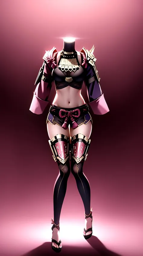 kukishinobudef, headless, <lora:kukishinobu2-000014:1> <lora:HeadlessV4:0.8> ,from far,(full body),best quality, glowing light, pink background