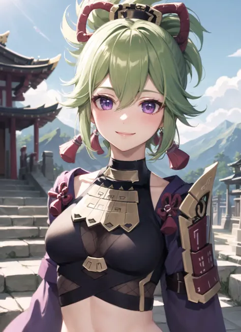 <lora:kukishinobu2-000014:1>, kukishinobudef, upper body, smile, blush, outdoors, day, simple background, blue sky, short hair, sky, temple, looking at viewer, stairs, mountain, moody lighting, facing viewer,