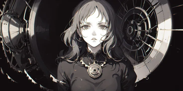 style by NTY, a woman, facing camera, master shot, grief, somber appearance, intricate, cogwheel, watch, circle, cluttered background, <lora:PsychoMode:0.7>
