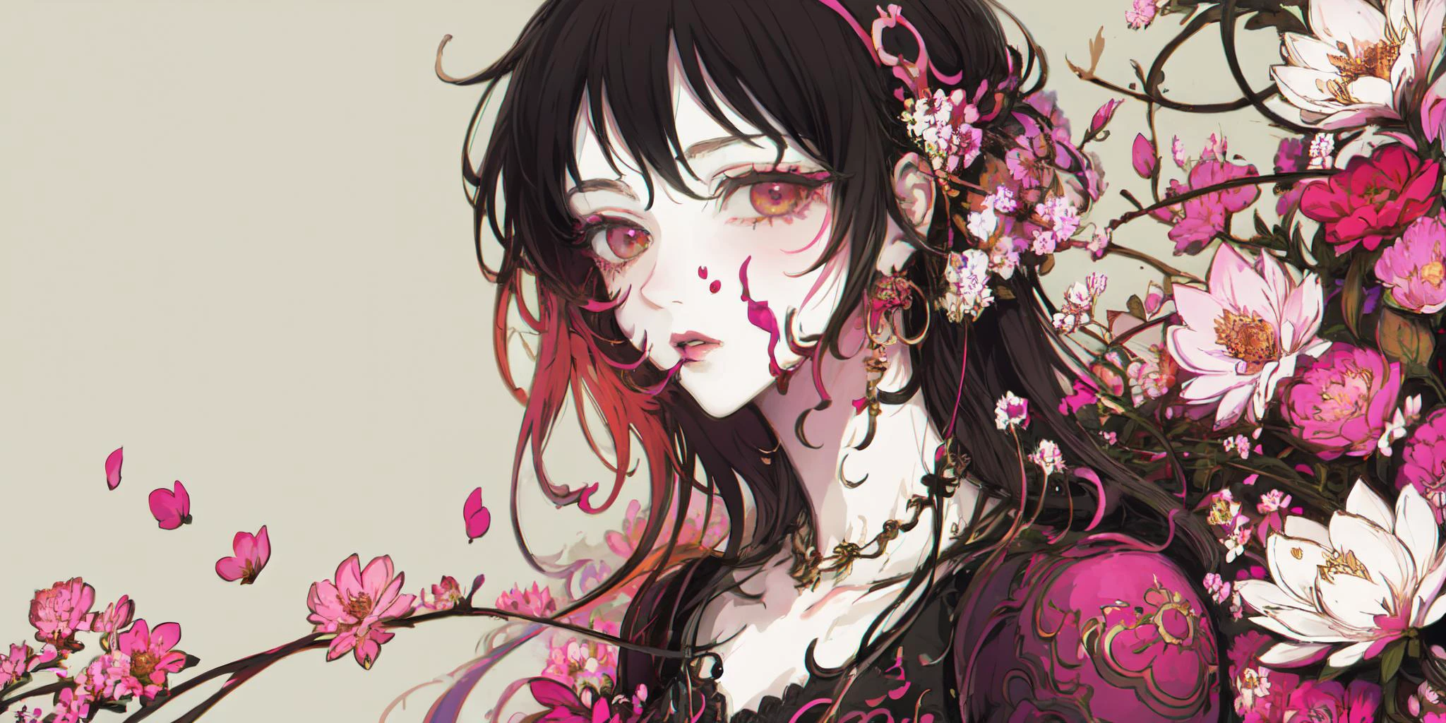 style by NTY, a woman, infected face, flowers, flower armor, colorful background, cluttered, <lora:PsychoMode:0.7> <lora:Iridescence:0.2>