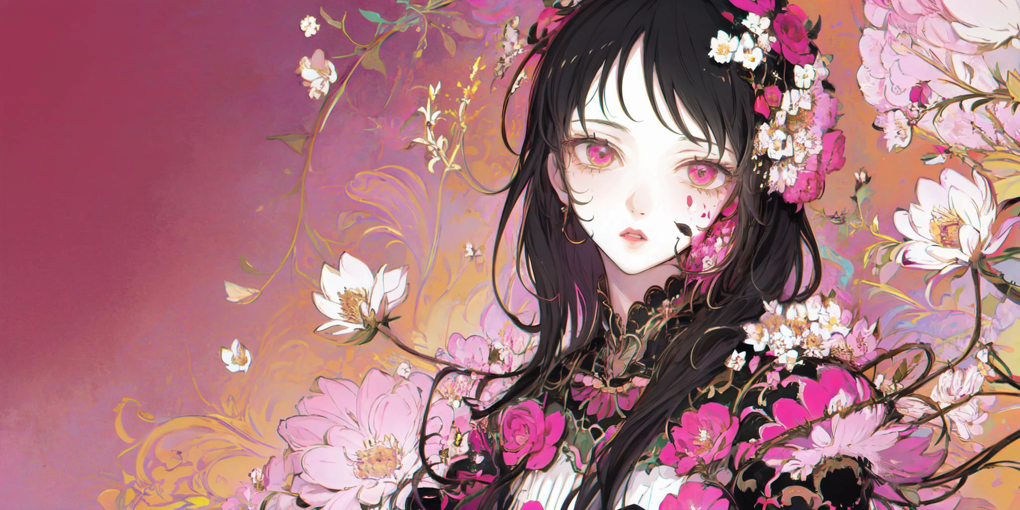style by NTY, a woman, infected face, flowers, flower armor, colorful background, cluttered, <lora:PsychoMode:0.7> <lora:Iridescence:0.2>