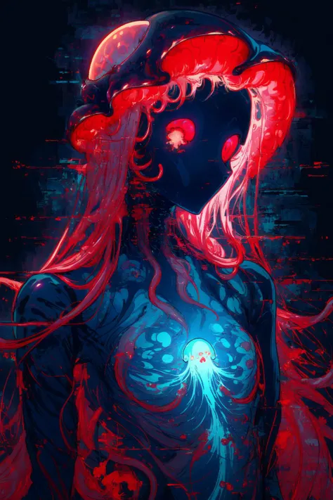 (best art:1.3), (brutal and ruthless predators,jellyfish's tentacles,jellyfish's tentacles with strong currents,:1.5),
(1 jellyfish girl,alien,fluorescent red translucent skin,small breasts,monster girl,translucent skin,translucent hair,tentacles hair,jellyfish style outfit:1.5),
(scary giant jelly fish theme, dark red theme, dark blue theme,fluorescent : 1.5),
(poisonous jellyfish,current,:1.3),style of horror,
ultra high res, masterpiece, best quality,highly detailed face, perfect eyes,half-digested corpse,((suffocating sense of oppression: 0.8)), <lora:add_detail:1> <lora:uv:0.2> blacklight <lora:CelestialSkin-20_1.2+kionantArtistStyle_v10_0.6:0.1> dark celestialskin body, void cosmic body, colored skin, flat color, jet black skin, silhouette <lora:Colorful portraits_20230715165729:0.2> Colorful portraits <lora:DarkIncursioStyle:0.3> night, (dark environment) <lora:Glitching:0.8>glitching <lora:PsychoMode:0.4> <lora:jellyfish-noise:0.1>