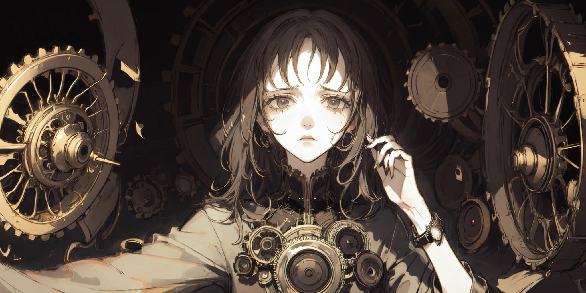 style by NTY, (a woman, facing camera, master shot, grief, somber appearance), intricate, cogwheel, watch, circle, cluttered background, (fractal art:1.2) <lora:PsychoMode:0.7>