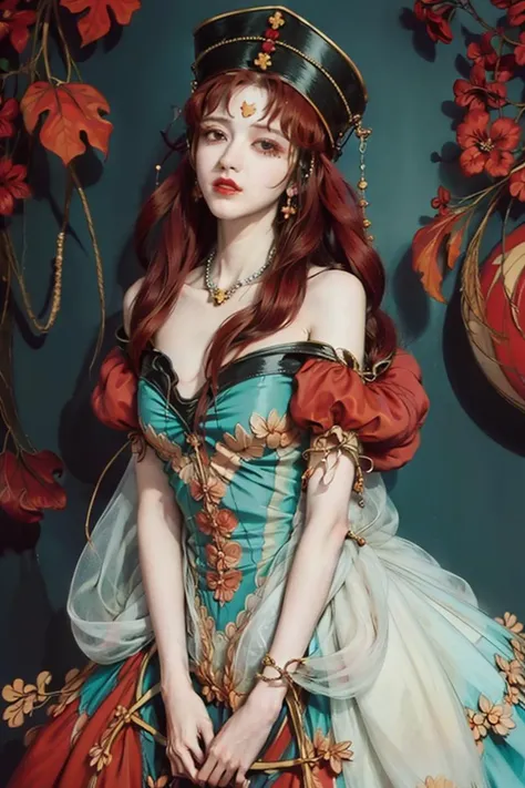 official art, unity 8k wallpaper, ultra detailed, beautiful and aesthetic, beautiful, masterpiece, best quality, detailed face, ((zentangle, mandala, tangle, entangle)), highest detailed, solo, <lora:Princess Kakyuu:0.7>, Princess Kakyuu,red hair,hair rings, hat,red eyes, dress, forehead mark,retro artstyle,aqua ribbon,makeup,  <lora:add_saturation:-3>, ((full body)),  <lora:PsychoMode:0.6>, style by NTY, a woman, yoshitaka amano character design, grief, despair, lustful, innocence