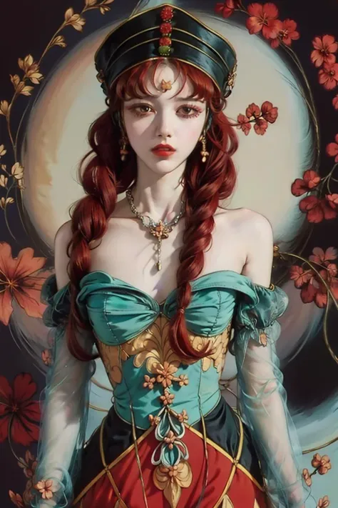 official art, unity 8k wallpaper, ultra detailed, beautiful and aesthetic, beautiful, masterpiece, best quality, detailed face, ((zentangle, mandala, tangle, entangle)), highest detailed, solo, <lora:Princess Kakyuu:0.7>, Princess Kakyuu,red hair,hair rings, hat,red eyes, dress, forehead mark,retro artstyle,aqua ribbon,makeup, <lora:add_saturation:-3>, ((full body)), <lora:PsychoMode:0.6>, style by NTY, a woman, yoshitaka amano character design, grief, despair, lustful, innocence