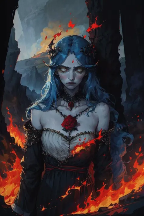 girl, blue hair, yellow eyes, long hair, sucky clothes, epic clothing, illustration, hell's landscape, vulcanic queen, fire dress, rose from lava, oil picture, elegant, mystic, mystical atmosphere, <lora:PsychoMode:0.5>, grief, despair, innocence, <lora:Loraeyes_V1:0.8> loraeyes, (abstract:0.7)